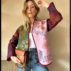 Zara Women's Quilted Patchwork Oversized Embroidered Kimono Jacket Granny M